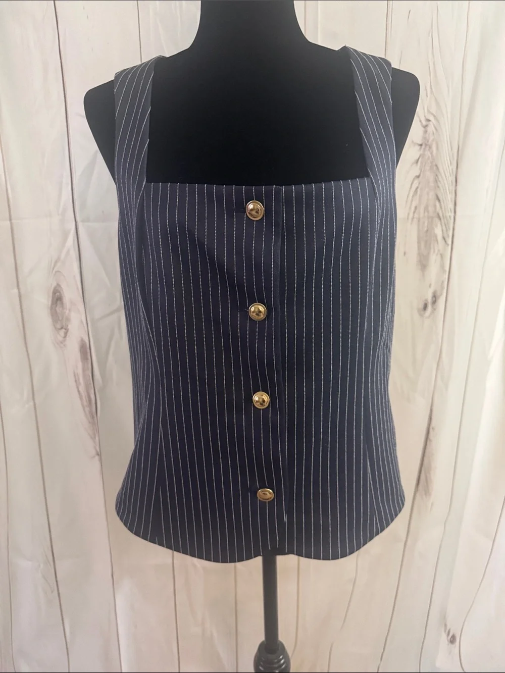 Michael Kors- Striped Navy Gold button -Front. Square-Neck vest/ Size lg